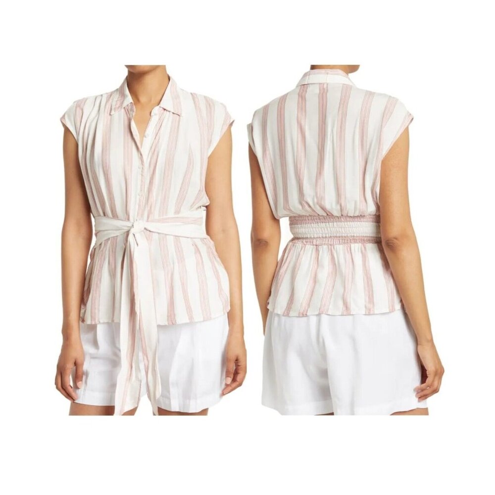 ❤️❤️❤️Womens Stripped blouse Sz L Top White Tie Front patterned chic Cap Sleeve